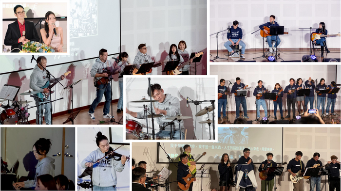 EMBA 在學生與校友組成多組表演團隊接力登台，以烏克麗麗、樂團演奏展現音樂熱情