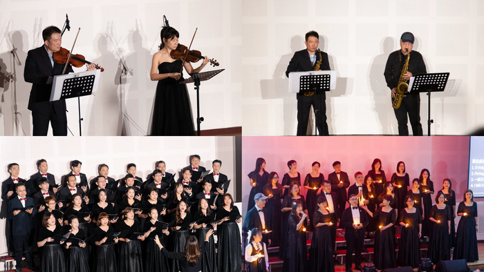 EMBA 在學生與校友組成多組表演團隊接力登台，以烏克麗麗、樂團演奏展現音樂熱情